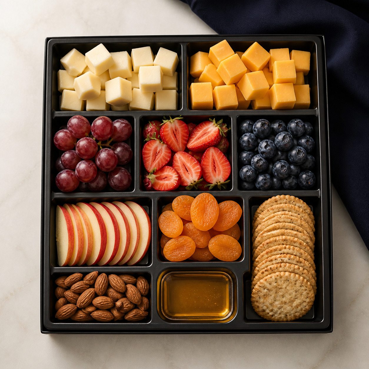 Open compartment tray with two cubed cheeses, grapes, strawberries, blueberries, sliced apple, dried apricots, crackers, almonds, and honey