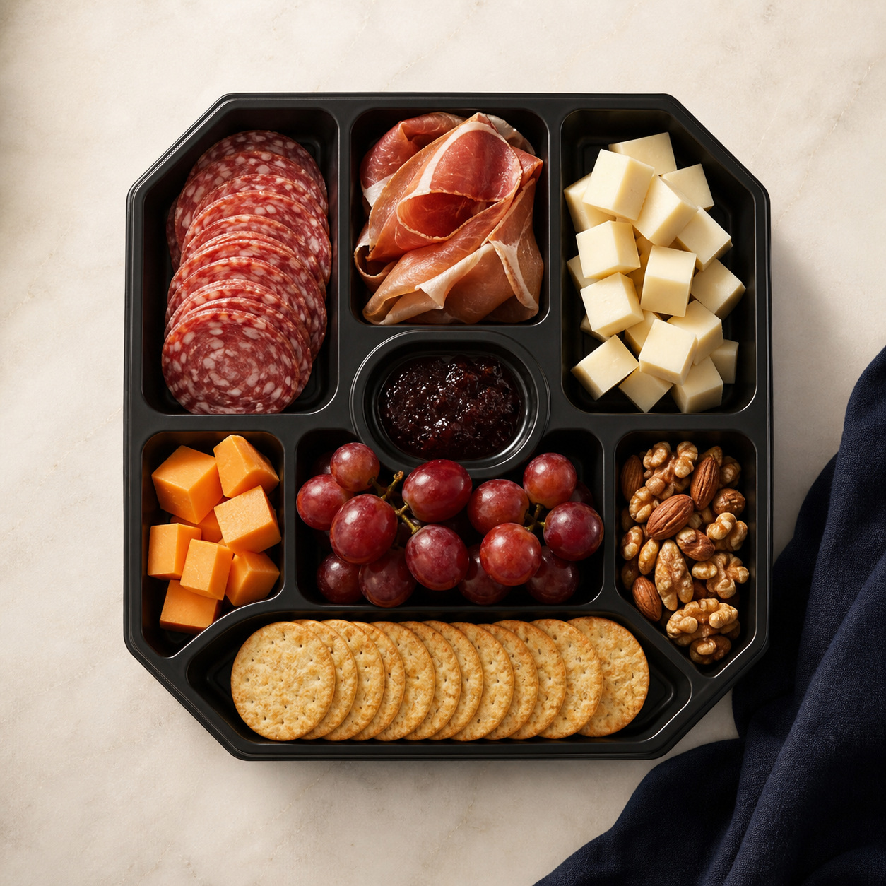 Open compartment tray with sliced salami, folded prosciutto, two cubed cheeses, grapes, mixed nuts, crackers, and a well of fruit spread