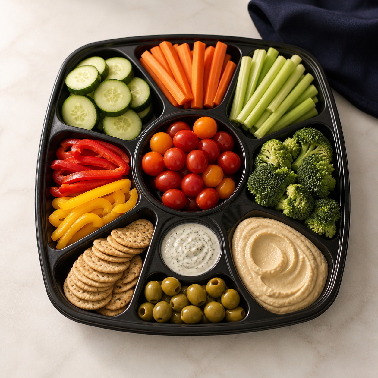 Open compartment tray with cucumber, carrots, celery, broccoli, peppers, cherry tomatoes, olives, crackers, hummus, and herb dip