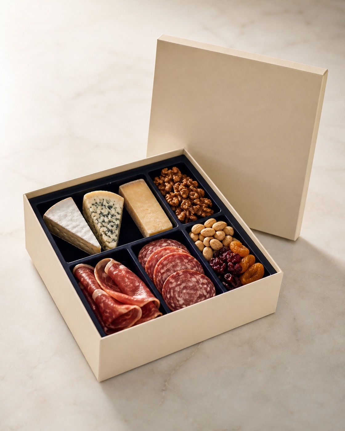 Cream presentation box with the lid lifted, revealing a compartmented tray of cheese, cured meat, nuts, and dried fruit