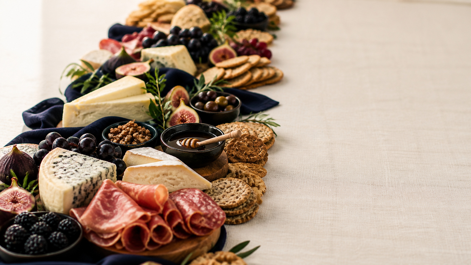 Long grazing table runner of cascading cheeses, cured meats, grapes, figs, berries, crackers, nuts, honey, and olives on cream linen