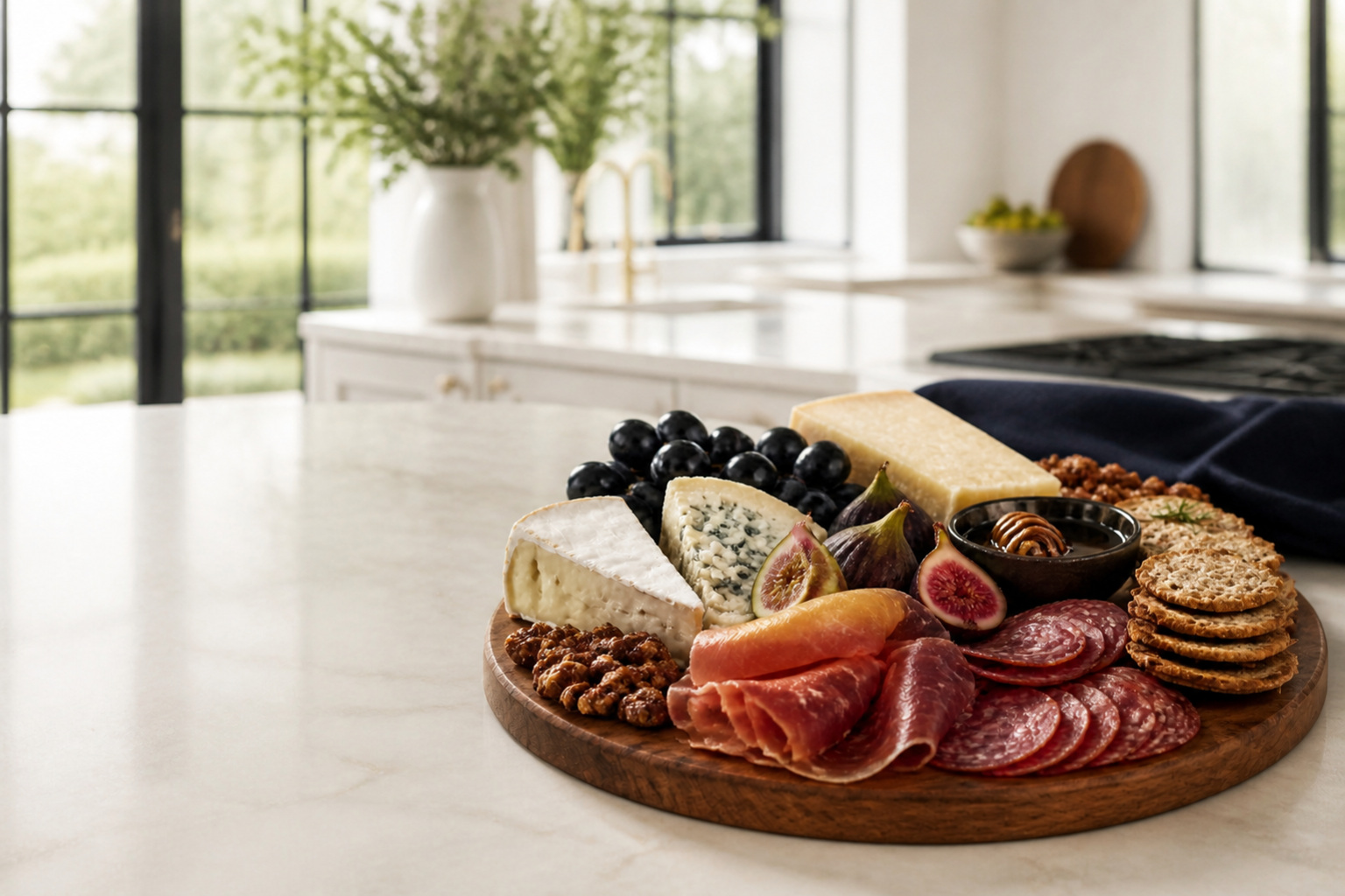 Charcuterie board on a marble kitchen island in a bright, staged modern home