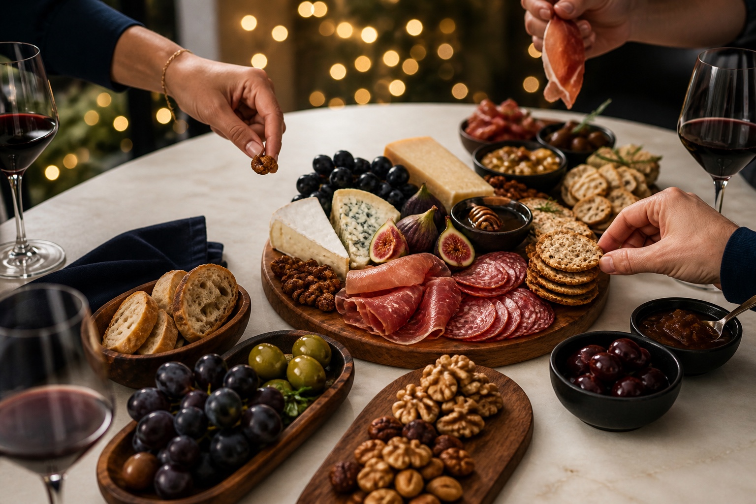 Grazing table at an evening party with string lights behind and wine glasses at the edges of the frame