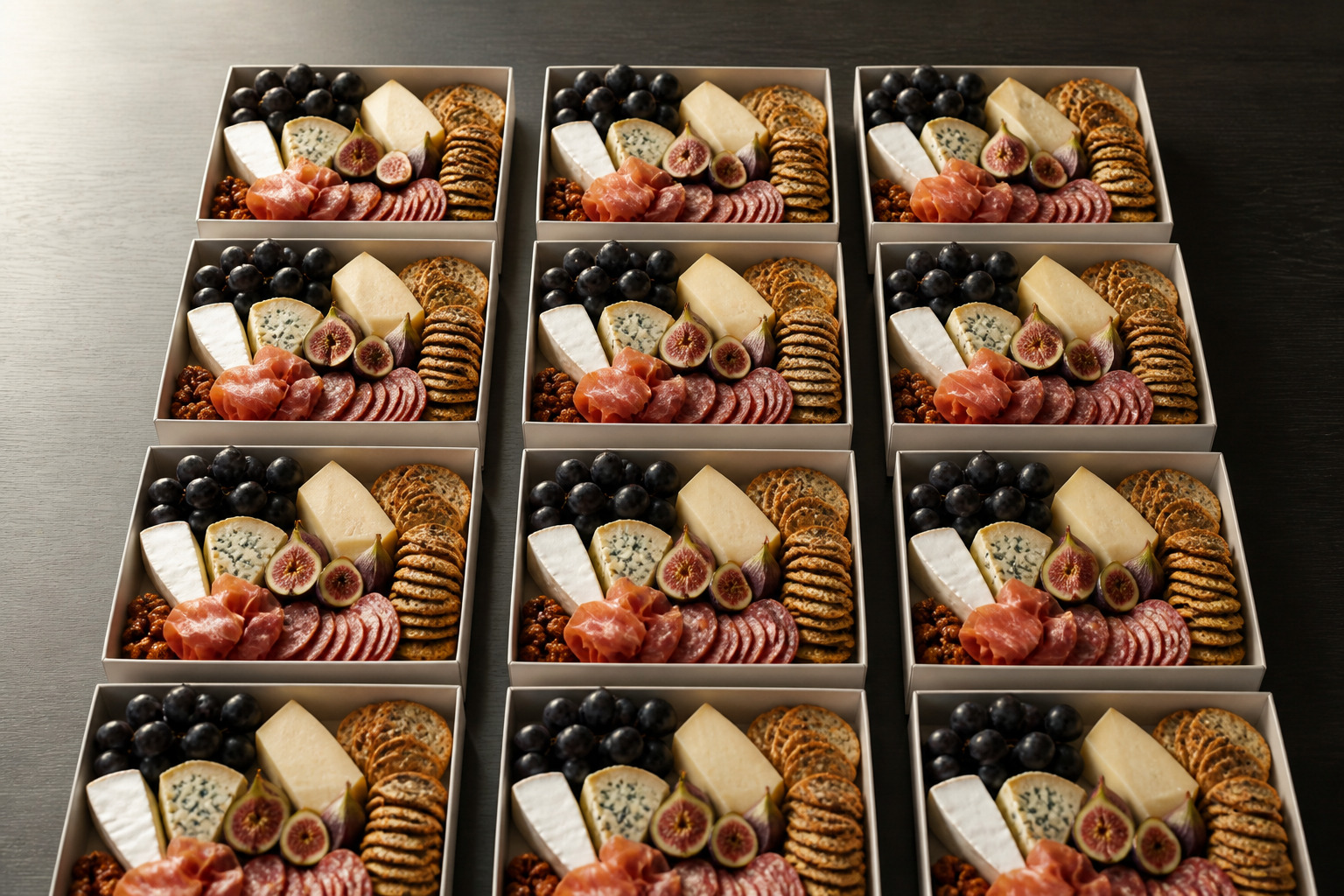 Individually portioned charcuterie boxes arranged in a grid on a dark conference table