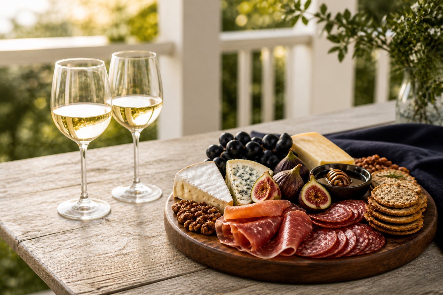 Charcuterie board and two glasses of wine on a weathered table on a covered porch in golden afternoon light