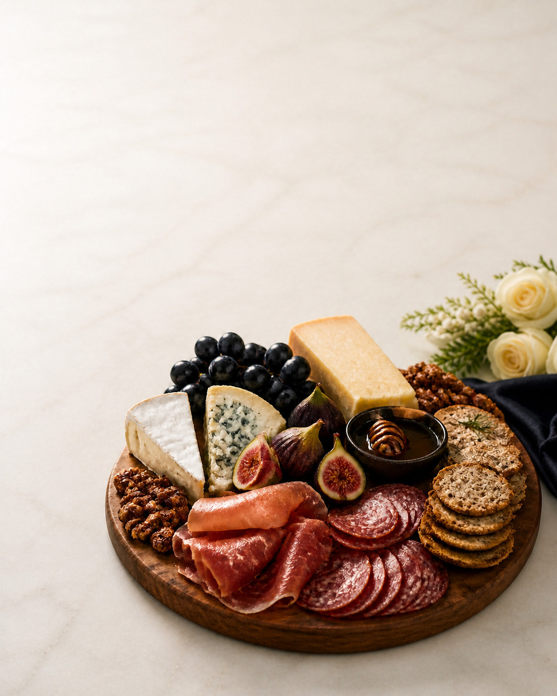 Round walnut board of cured meats, cheeses, figs, grapes, and honey on a cream marble counter, with roses behind