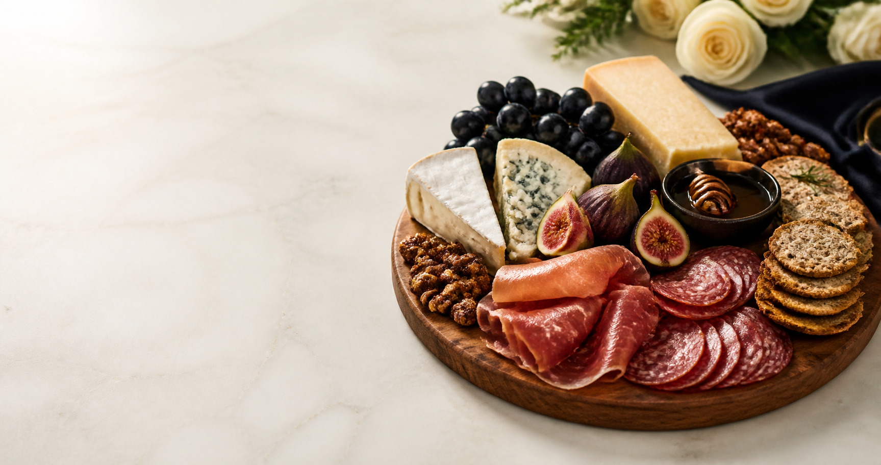 Round walnut board of cured meats, cheeses, figs, grapes, and honey on a cream marble counter, with roses behind