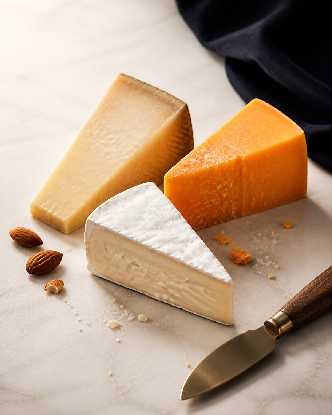 Three cheese wedges on marble — a soft-rind brie, an aged manchego, and an orange cheddar — with a cheese knife beside them